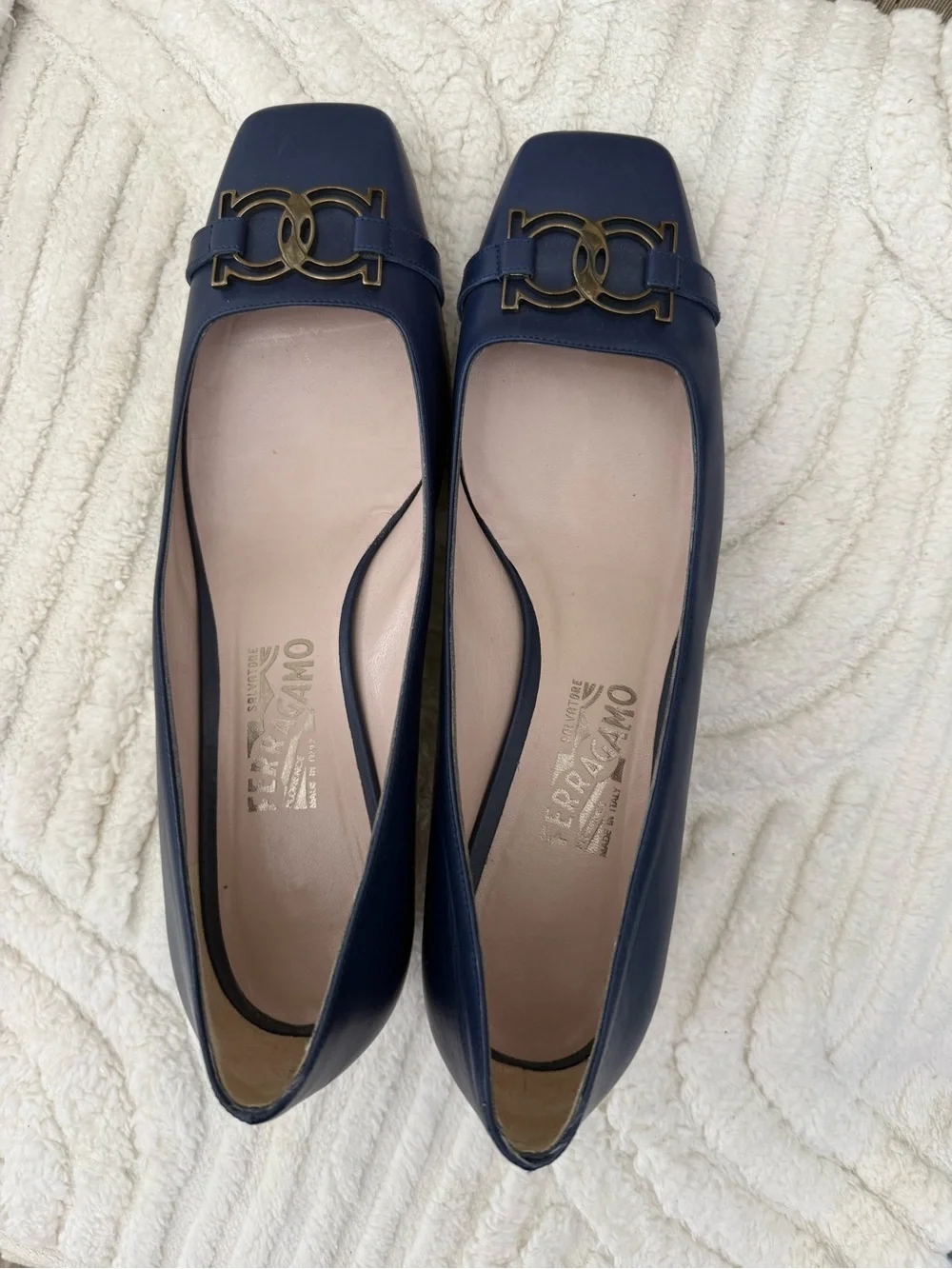 Salvatore Ferragamo Navy Leather Square-Toe Flats with Gold Logo